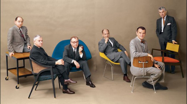 1961 Playboy photo featuring left to right - George Nelson, Edward Wormley, Eero Saarinen, Harry Bertoia, Charles Eames and Jens Risom