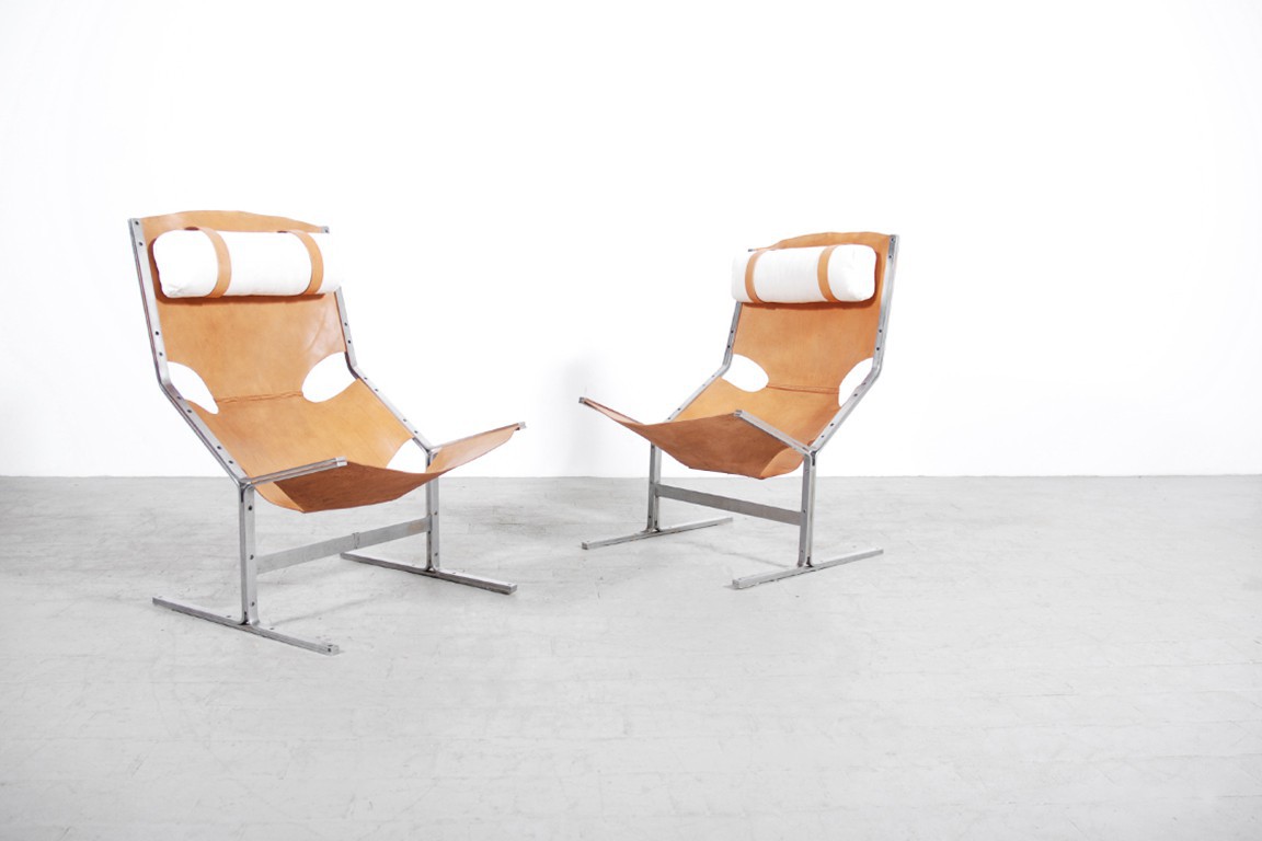 fauteuil polak cuir fauve scandinave vintage 1950 1960 f444