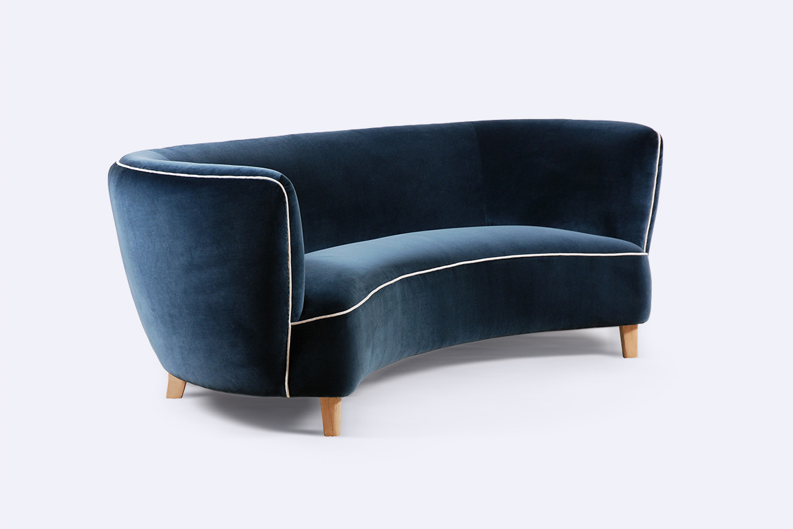 danish curved sofa velvet navy banana scandinavian 1940 1950