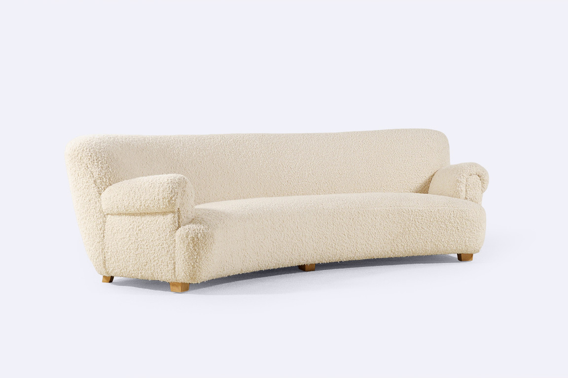 sofa curved banana danish wool bouclé design vintage 1940