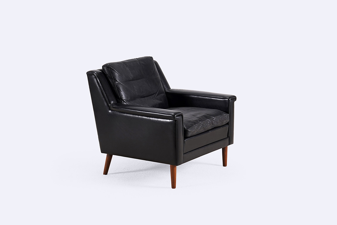 fauteuil scandinave danois vintage cuir noir teck 1960